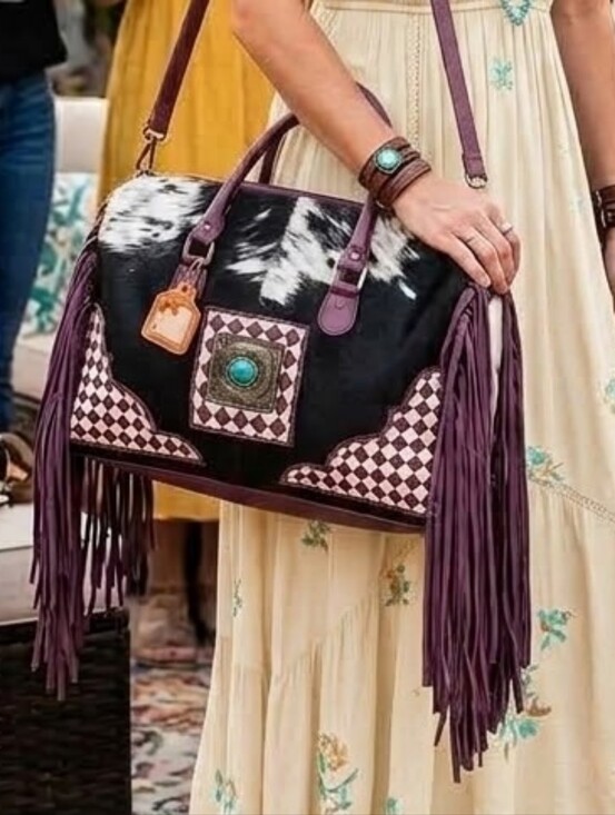 Handbags - Purple Checkered Leather and Cowhide Weekender Bag NWT